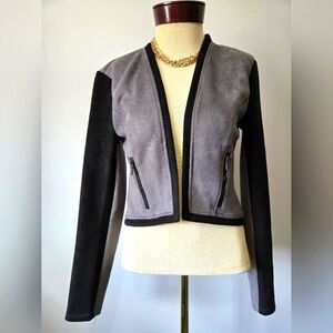 BEBE Faux Suede  Gray and Black Cropped Open Front Jacket. Size Medium